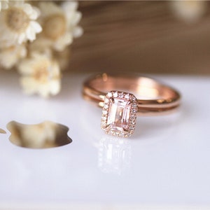 Simple Style Rose Gold Engagement Ring Set, 4*6mm Emerald Cut Natural Pink Morganite Bridal Set, Solid Plain Gold Wedding Ring Set