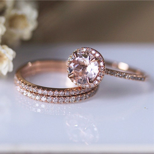Rose Gold Engagement Ring Set 5mm Round Cut Natural Pink - Etsy