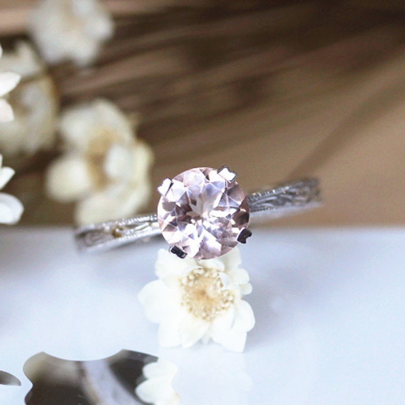 Light Pink Stone Engagement Ring 6.5 Mm Round Cut Etsy