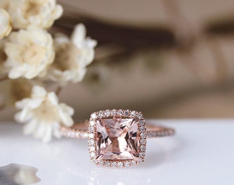 6mm Princess Cut Morganite Ring, Natural Genuine Diamond Wedding Ring, Engagement Ring, Bridal Ring, Promise Ring