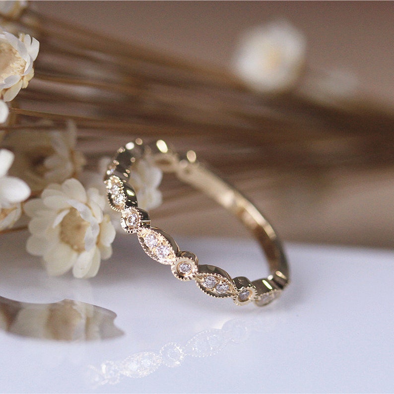 14K Yellow Gold Matching Band Art Deco Wedding Band Natural Diamond 34 Eternity Band Bridal Ring Gift For Anniversary