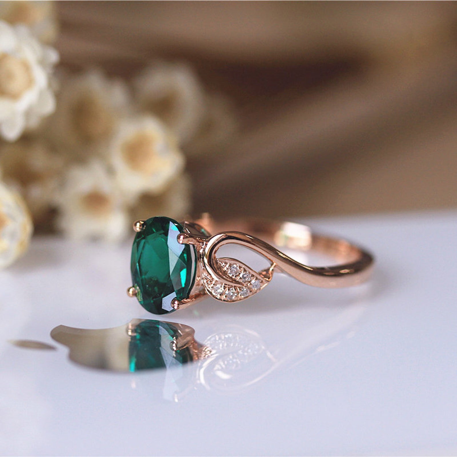 Lab Created Emerald Ring 14K Rose Gold Art Deao Leaf Shape Etsy