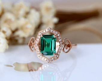Antique Design Engagement Ring, 6*8mm Emerald Cut Treated Emerald Ring, Wedding Ring, 14K Rose Gold Ring, Diamond Ring, Bridal Ring
