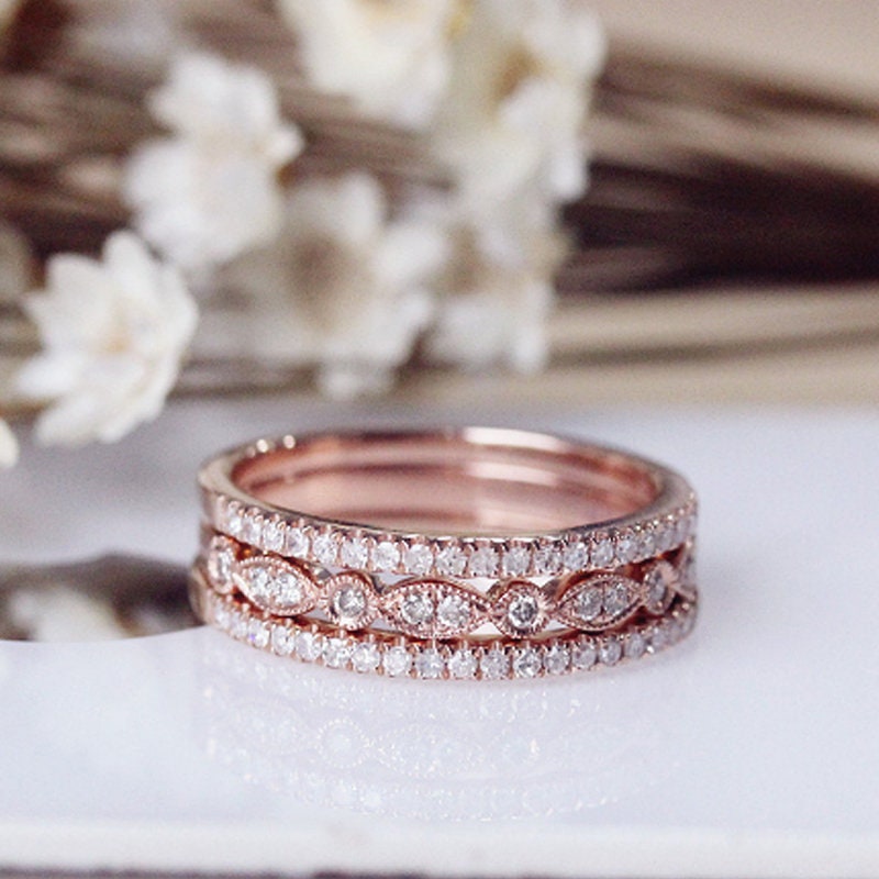 Art Deco Wedding Ring Set Natural Diamond Half Eternity Band | Etsy