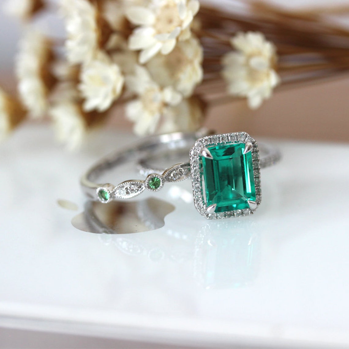 Lab Created Emerald Ring Set 68mm Emerald Cut Green Stone Etsy