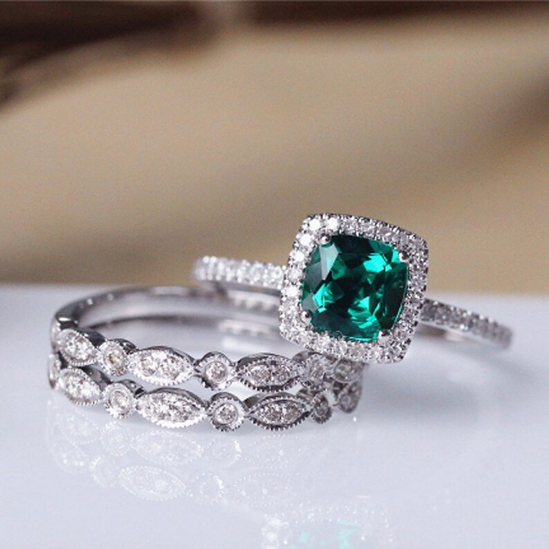 Lab Created Emerald Ring Set 6mm Cushion Cut Green Stone Etsy