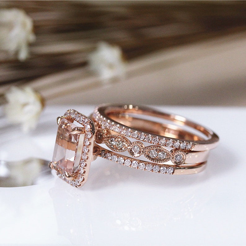 Emerald Cut Morganite Engagement Ring Set 14K Rose Gold - Etsy