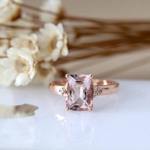 Natural Long Cushion Cut 7*9mm Pink VS Morganite Ring, Diamond Ring, Engagement Ring, Wedding Ring, 14K Rose Gold Ring, Bridal Ring