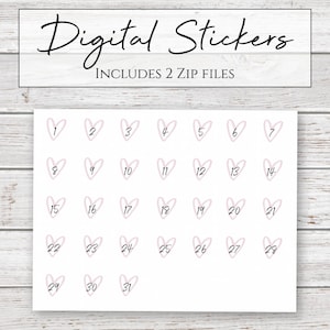 Digital Stickers | Pink Heart Number Stickers for Digital Planners