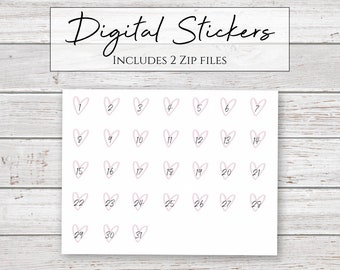 Digital Stickers | Pink Heart Number Stickers for Digital Planners