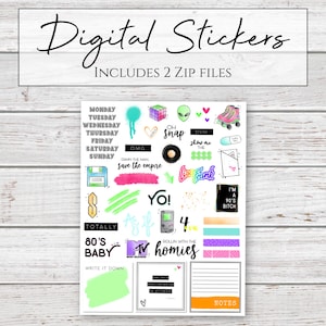 Digital Stickers | Neon Nostalgia | 80s 90s Stickers for Digital Planners