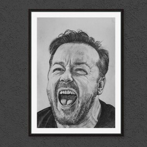 Druckbare Kunst, Ricky Gervais, Poster, schwarz und weiß Bleistift Portrait, bildende Kunst, Digitaldruck, Download, Geschenk für ihn, das Büro, Extras, HandOfOg