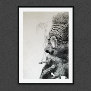 Printable Art,Old Man Smoking,Pencil Portrait Black White,Fine Art,Poster,Digital Print,Download,Novel Gift for Him,Smoke,Elderly,HandOfOg