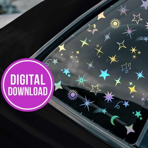 May include: A car window decal featuring a variety of holographic stars, suns, and other celestial shapes in shades of blue, yellow, and purple. The decal is on a black car window. A purple circle with the words "DIGITAL DOWNLOAD" is in the image.