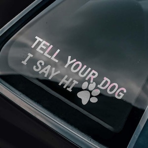 May include: A black car with a white sticker on the rear window that says "Tell your dog I say hi" with a paw print. A sticker on the side of the car says "Bad Investments Auto 2016".