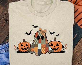 Retro Patchwork Ghost, Cute Halloween Ghost Svg, Fall Vibes, Fall Sublimation, Spooky Season, Halloween Sweatshirt Diy, Fall Girly Png