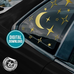 May include: Gold crescent moon and star decals on a car window. The celestial design features stars of different sizes and shapes. A digital download sticker is visible in the image.