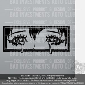 Peut inclure: Graphique noir et blanc d'yeux de style anime avec des larmes, encadré dans un rectangle. Les yeux ont des pupilles en forme de cœur et des cils stylisés. Le design comprend le texte "BAD INVESTMENTS AUTO CLUB" et des informations sur le droit d'auteur.