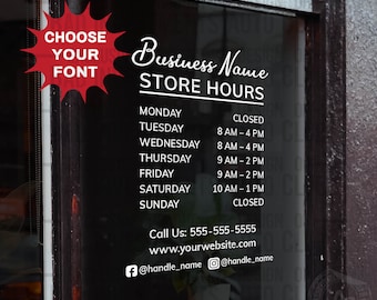 Custom Business Hours Vinyl Decal, Storefront Window Sticker, USA