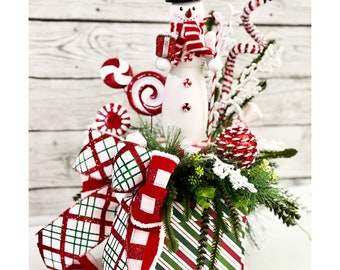 Candy Cane Snowman Christmas Centerpiece: Holiday Table Decor