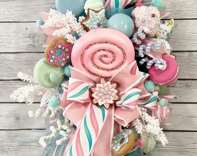 Candy Themed Christmas Wreath for Front Door, Pink Christmas Candy