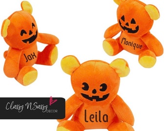 Small Plush Personalized Halloween Pumpkin jack-o-lantern bears, Orange pumpkin stuffed bears, Custom Halloween Bears