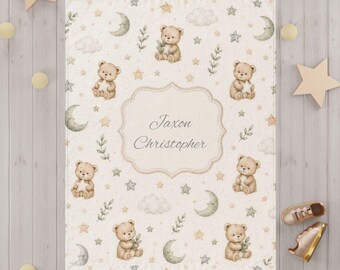 Personalized Baby and Toddler Teddy Bear Night Time Blanket, Crescent Moon and Star