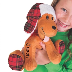 Personalized Holiday Dog Stuffy, Stuffed Christmas Puppy, Xmas Plush Pup with Name, Winter Child Gift, Plushie Animal Present
