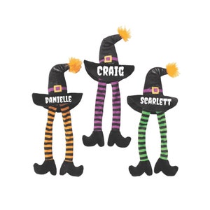 May include: Three whimsical Halloween witch decorations. Each features a black witch hat with a yellow pom-pom, a purple buckle, and a name. The legs are striped in orange and black, purple and black, and green and black. Black shoes complete the look.