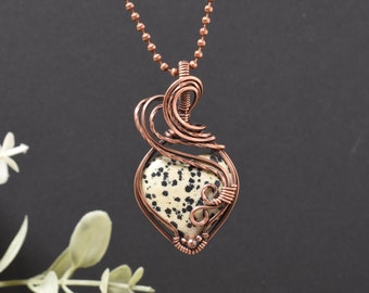 Dalmatian Jasper Puffy Heart Wire Wrapped Copper Pendant