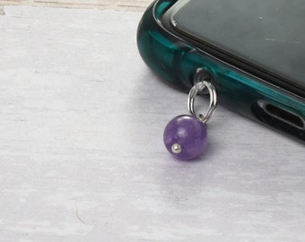 Amethyst Dust Plug Phone Charm, February Birthstone Phone Jewellery, Cellphone Accessory, 3.5mm Audio Jack Plug