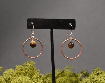 Tiger's Eye Silver and Copper Drop Hoop Earrings