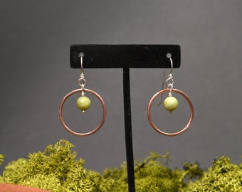 Chinese Jade Silver and Copper Drop Hoop Earrings