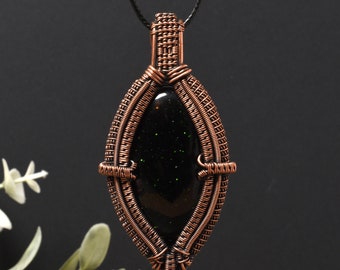 Green Goldstone Wire Wrapped Copper Heady Pendant