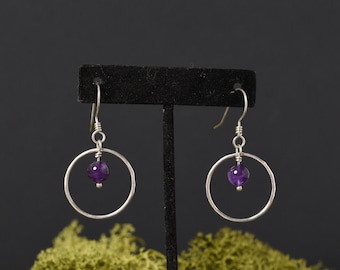 Amethyst Sterling Silver Drop Hoop Earrings