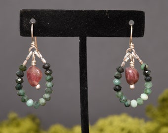 Emerald and Tourmaline Drop Hoop Earrings, Pink and Green Gemstone Earrings