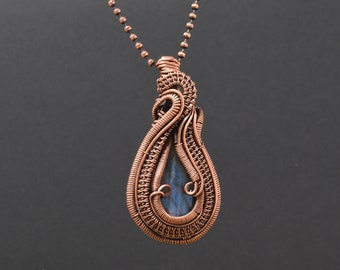 Blue Labradorite Wire Wrapped Copper Heady Pendant