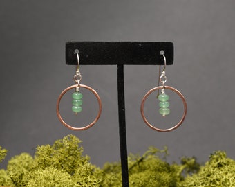 Green Aventurine Drop Hoop Copper and Silver Earrings