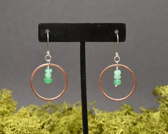 Chrysoprase Copper Hoop Earrings, Green Mixed Metal Drop Hoop Earrings