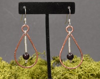 Garnet Silver and Copper Teardrop Earrings