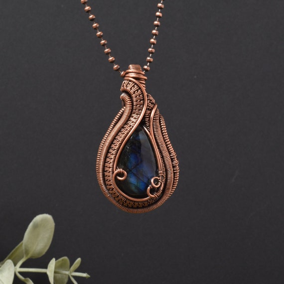 Blue Labradorite Wire Wrapped Copper Pendant