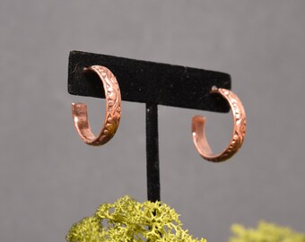 Handmade Copper Open Hoop Earrings with Swirly Bohemian Pattern, Recycled Sterling Silver Accents,