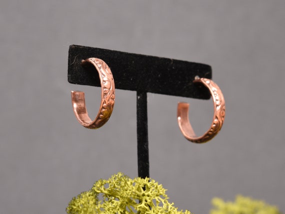 Handmade Copper Open Hoop Earrings with Swirly Bohemian Pattern, Recycled Sterling Silver Accents,