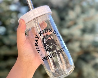 Stray Kids Skzoo Reusable Bubble Tea Cup | Boba Tea/Smoothie Glass Cup with Stainless Steel Straw | Stray Kids Stay | Kpop Gift