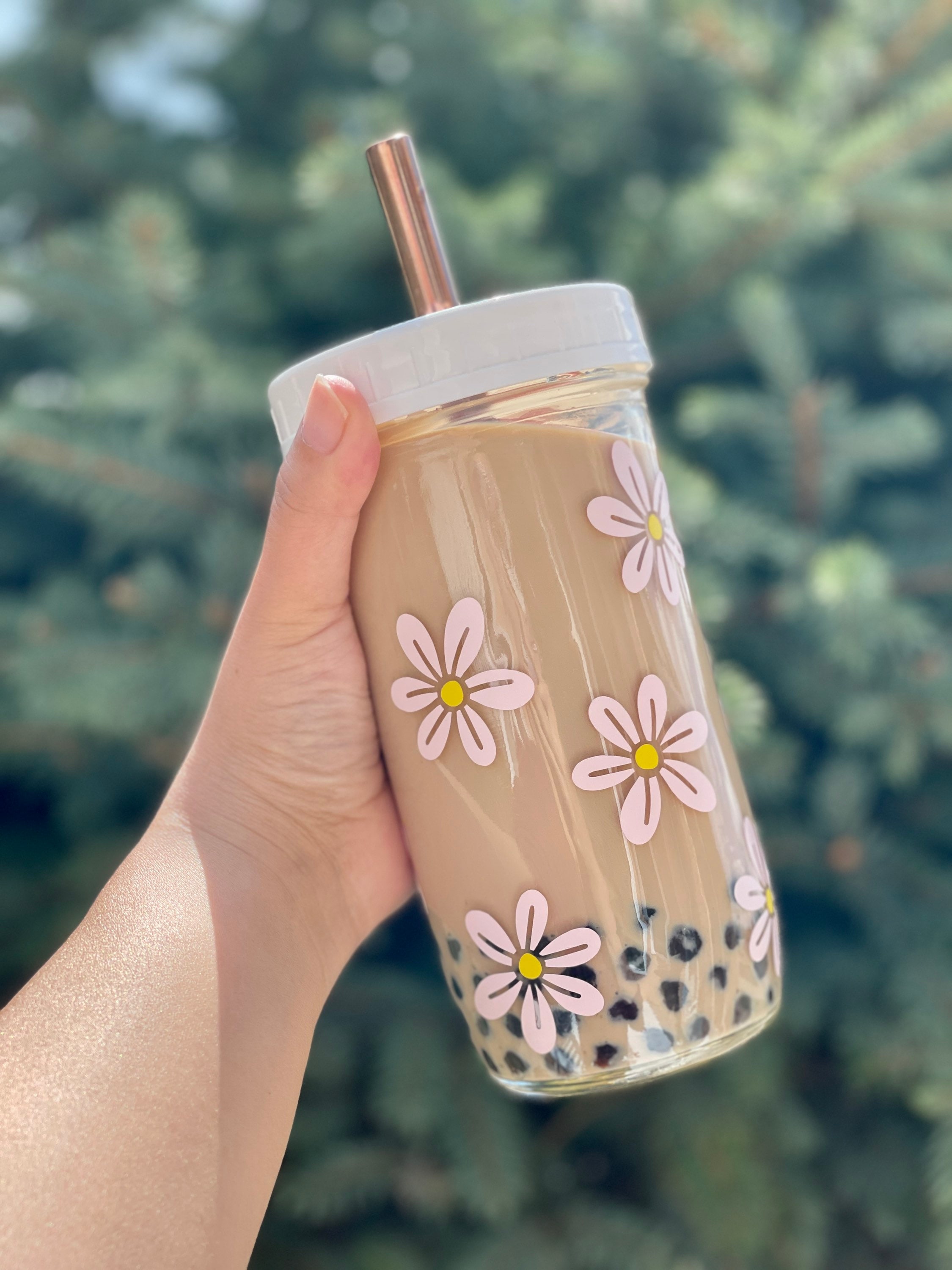 Bodhi Life Colorful Glass Straws with Flowers, 6 Pcs Reusable Glass Straw  Set for Smoothies, Iced Coffee, Cute Straws for Tumblers, Daisy Design