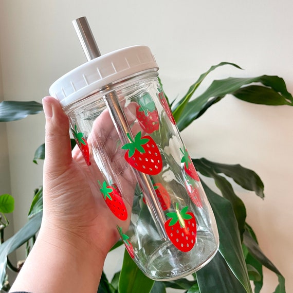 Berry Berry Strawberry Reusable Bubble Tea Cup Boba Tea/smoothie Glass Cup  With Stainless Steel Straw DIY Drinks Fruit Design 