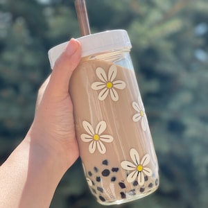 Daisy Reusable Bubble Tea Cup Boba Tea/smoothie Glass Cup With Stainless  Steel Straw Flower Cup Boba DIY BBT Glass Smoothie Cup 