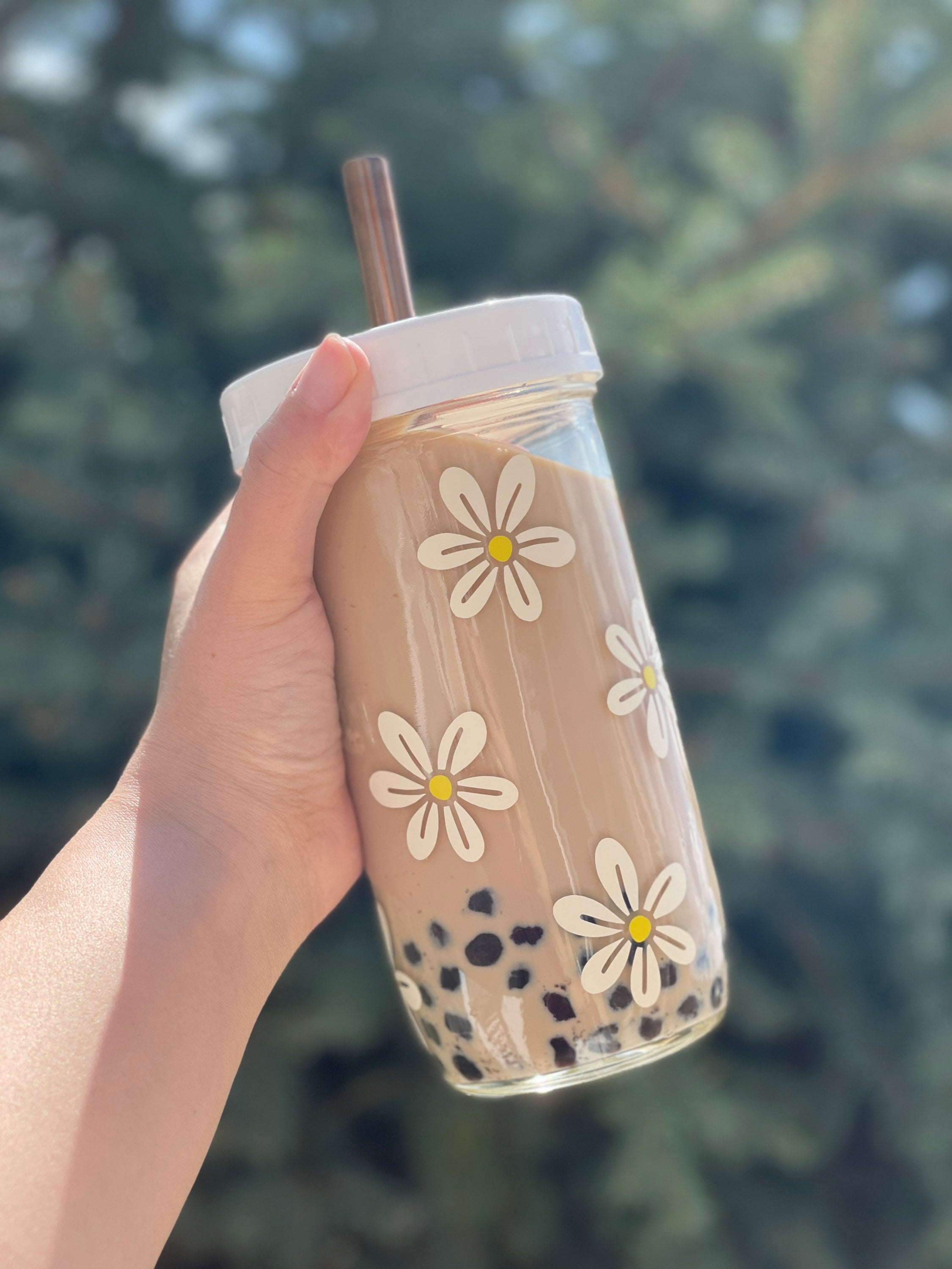 Daisy Reusable Bubble Tea Cup Boba Tea/smoothie Glass Cup With Stainless  Steel Straw Flower Cup Boba DIY BBT Glass Smoothie Cup 