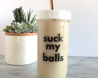Suck My Balls - Reusable Bubble Tea/Boba Tea/Smoothie Glass Cup with Stainless Steel Straw | Gift for Him | Adult Humour | Funny Gift Idea