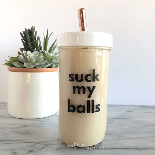 Suck My Balls - Reusable Bubble Tea/Boba Tea/Smoothie Glass Cup with Stainless Steel Straw | Gift for Him | Adult Humour | Funny Gift Idea